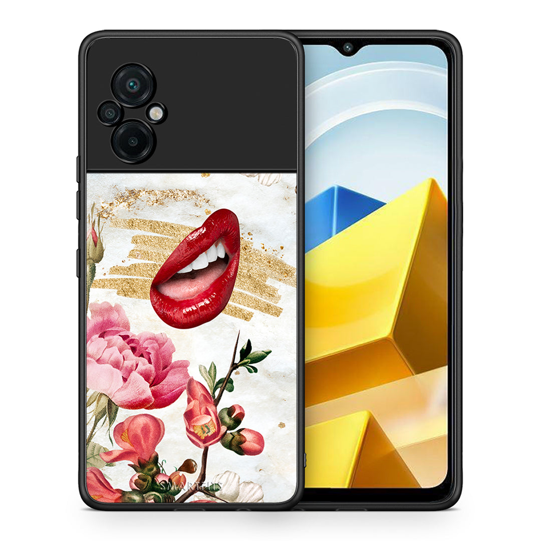 Θήκη Xiaomi Poco M5 / Redmi Note 11E Red Lips από τη Smartfits με σχέδιο στο πίσω μέρος και μαύρο περίβλημα | Xiaomi Poco M5 / Redmi Note 11E Red Lips case with colorful back and black bezels