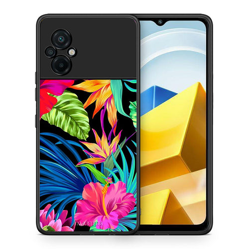 Θήκη Xiaomi Poco M5 / Redmi Note 11E Tropical Flowers από τη Smartfits με σχέδιο στο πίσω μέρος και μαύρο περίβλημα | Xiaomi Poco M5 / Redmi Note 11E Tropical Flowers case with colorful back and black bezels