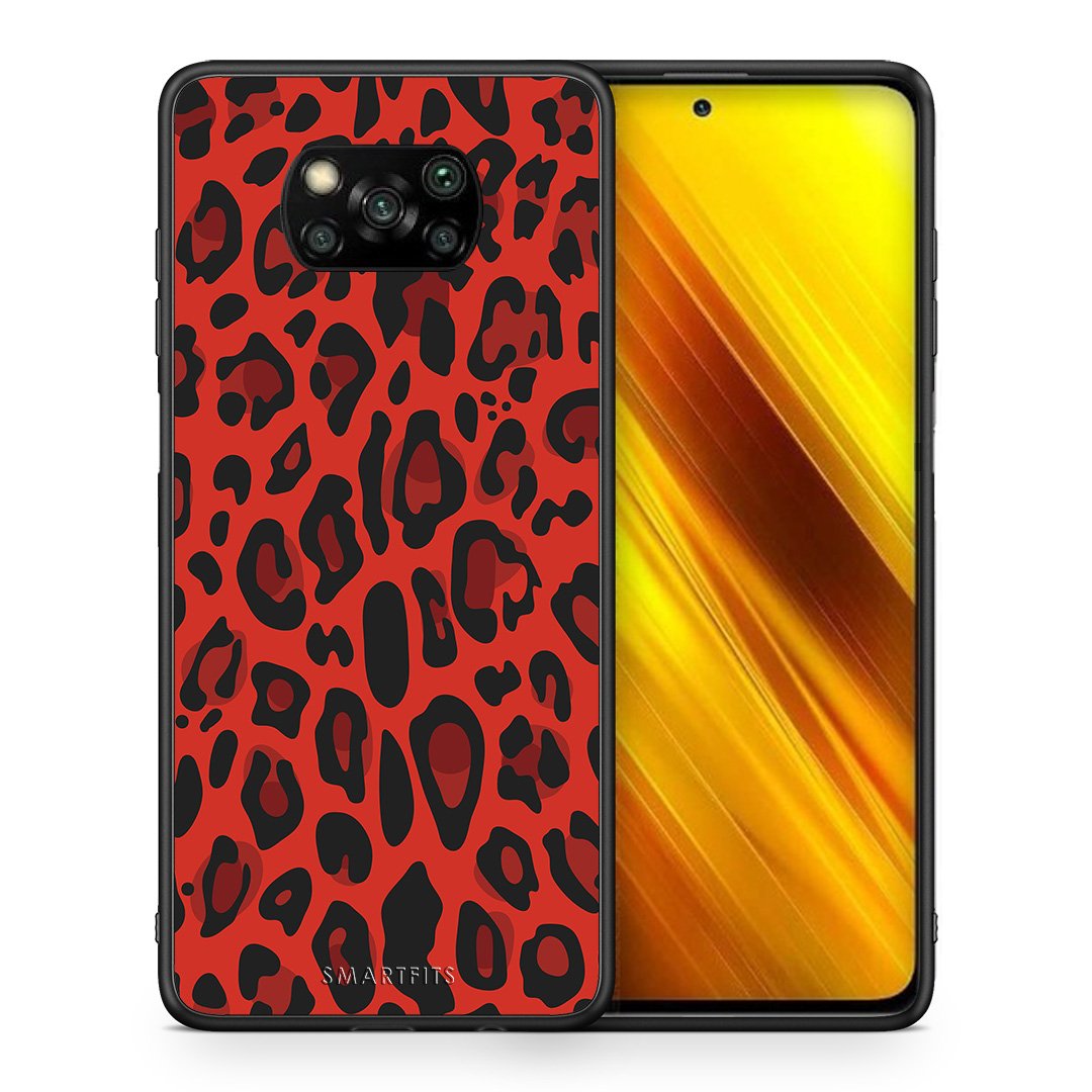 Θήκη Xiaomi Poco X3 Red Leopard Animal από τη Smartfits με σχέδιο στο πίσω μέρος και μαύρο περίβλημα | Xiaomi Poco X3 Red Leopard Animal case with colorful back and black bezels