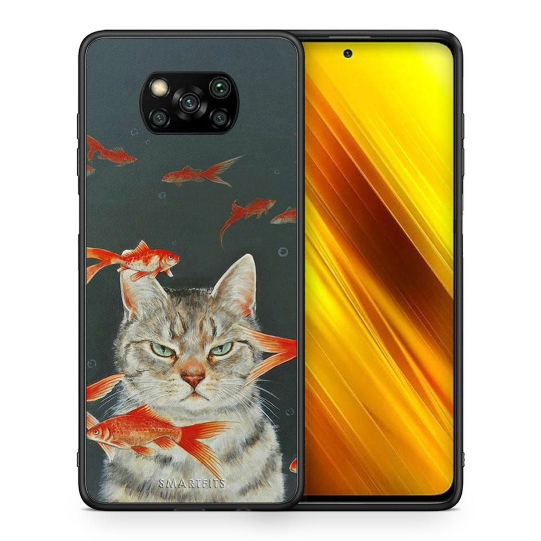 Θήκη Xiaomi Poco X3 Cat Goldfish από τη Smartfits με σχέδιο στο πίσω μέρος και μαύρο περίβλημα | Xiaomi Poco X3 Cat Goldfish case with colorful back and black bezels
