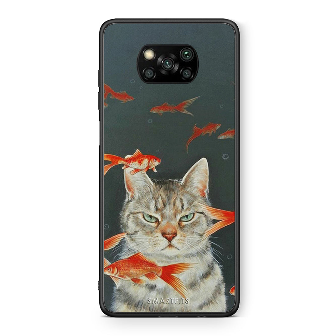 Θήκη Xiaomi Poco X3 Cat Goldfish από τη Smartfits με σχέδιο στο πίσω μέρος και μαύρο περίβλημα | Xiaomi Poco X3 Cat Goldfish case with colorful back and black bezels