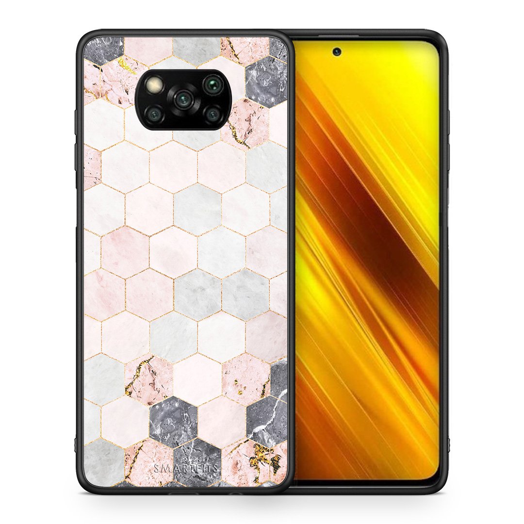 Θήκη Xiaomi Poco X3 Hexagon Pink Marble από τη Smartfits με σχέδιο στο πίσω μέρος και μαύρο περίβλημα | Xiaomi Poco X3 Hexagon Pink Marble case with colorful back and black bezels