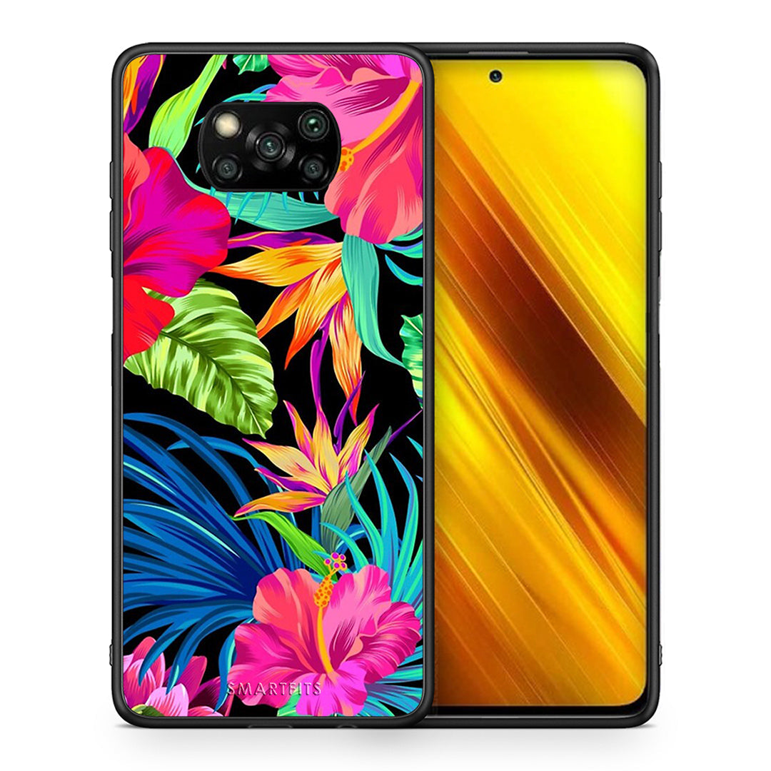 Θήκη Xiaomi Poco X3 Tropical Flowers από τη Smartfits με σχέδιο στο πίσω μέρος και μαύρο περίβλημα | Xiaomi Poco X3 Tropical Flowers case with colorful back and black bezels