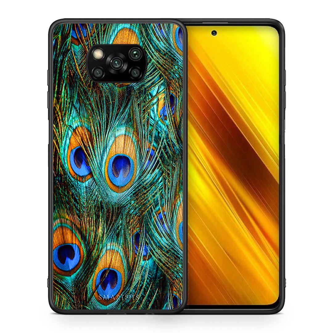 Θήκη Xiaomi Poco X3 Real Peacock Feathers από τη Smartfits με σχέδιο στο πίσω μέρος και μαύρο περίβλημα | Xiaomi Poco X3 Real Peacock Feathers case with colorful back and black bezels