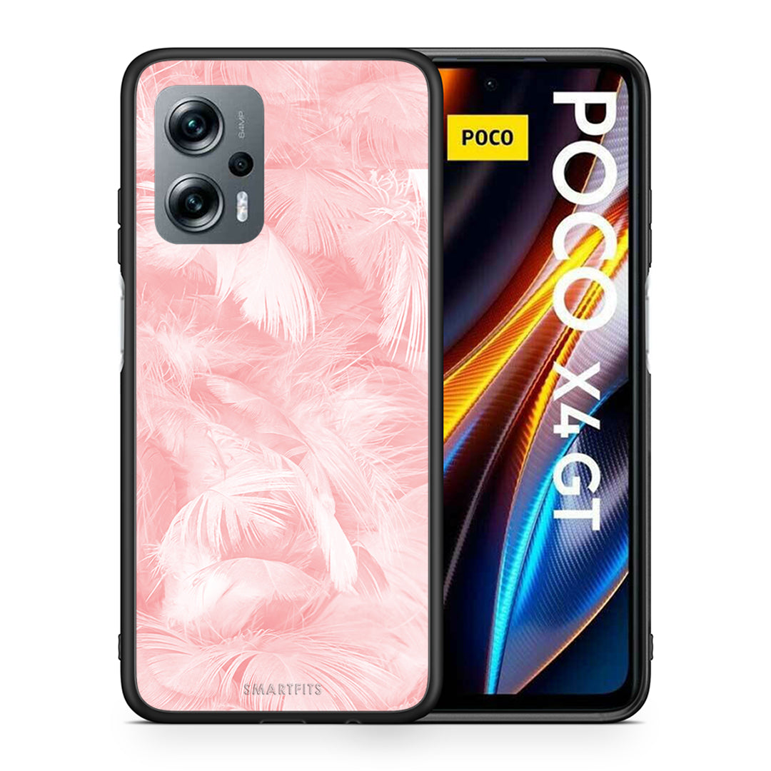 Θήκη Xiaomi Poco X4 GT Pink Feather Boho από τη Smartfits με σχέδιο στο πίσω μέρος και μαύρο περίβλημα | Xiaomi Poco X4 GT Pink Feather Boho case with colorful back and black bezels