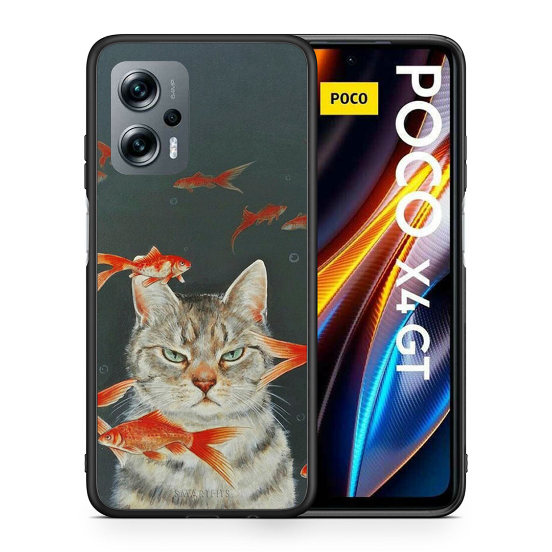 Θήκη Xiaomi Poco X4 GT Cat Goldfish από τη Smartfits με σχέδιο στο πίσω μέρος και μαύρο περίβλημα | Xiaomi Poco X4 GT Cat Goldfish case with colorful back and black bezels