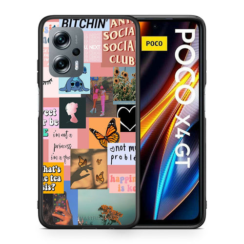 Θήκη Αγίου Βαλεντίνου Xiaomi Poco X4 GT Collage Bitchin από τη Smartfits με σχέδιο στο πίσω μέρος και μαύρο περίβλημα | Xiaomi Poco X4 GT Collage Bitchin case with colorful back and black bezels
