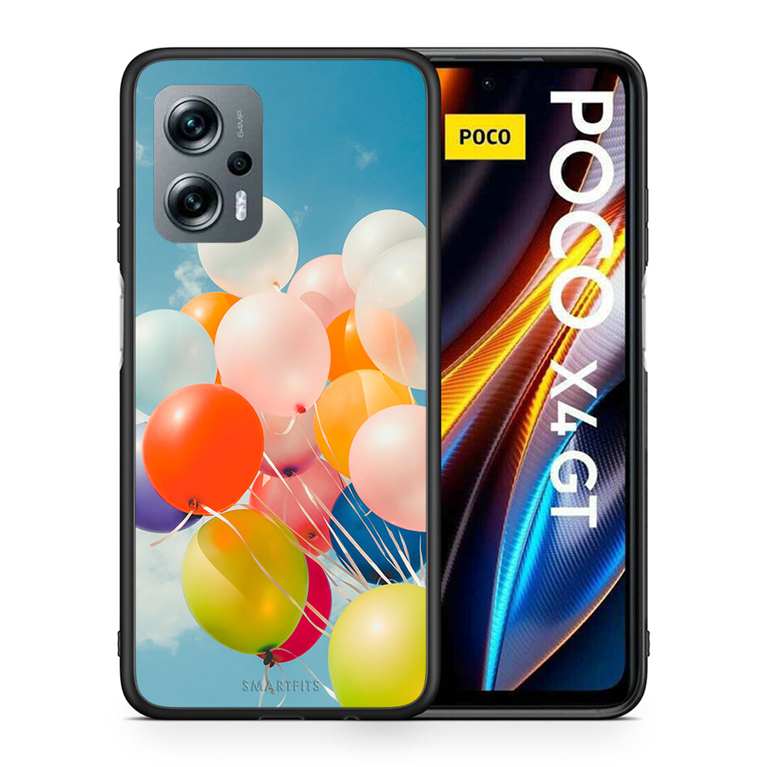 Θήκη Xiaomi Poco X4 GT Colorful Balloons από τη Smartfits με σχέδιο στο πίσω μέρος και μαύρο περίβλημα | Xiaomi Poco X4 GT Colorful Balloons case with colorful back and black bezels