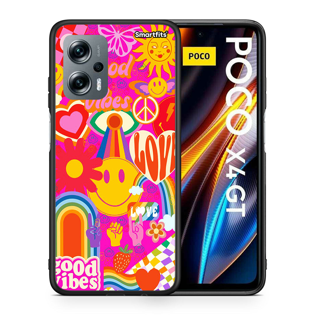 Θήκη Xiaomi Poco X4 GT Hippie Love από τη Smartfits με σχέδιο στο πίσω μέρος και μαύρο περίβλημα | Xiaomi Poco X4 GT Hippie Love case with colorful back and black bezels