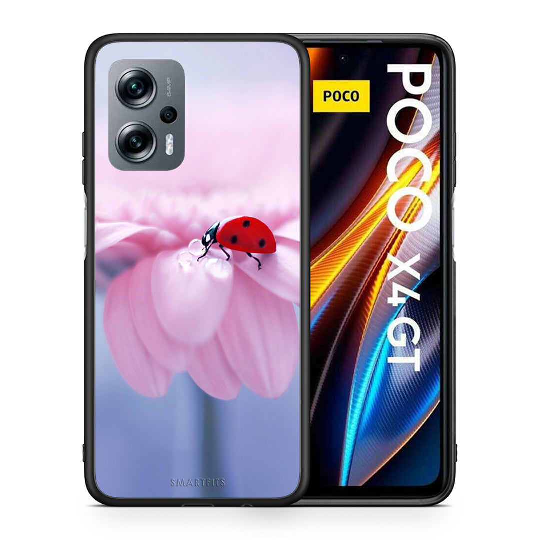 Θήκη Xiaomi Poco X4 GT Ladybug Flower από τη Smartfits με σχέδιο στο πίσω μέρος και μαύρο περίβλημα | Xiaomi Poco X4 GT Ladybug Flower case with colorful back and black bezels