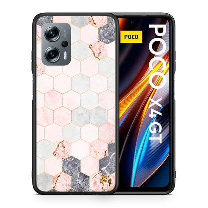 Θήκη Xiaomi Poco X4 GT Hexagon Pink Marble από τη Smartfits με σχέδιο στο πίσω μέρος και μαύρο περίβλημα | Xiaomi Poco X4 GT Hexagon Pink Marble case with colorful back and black bezels