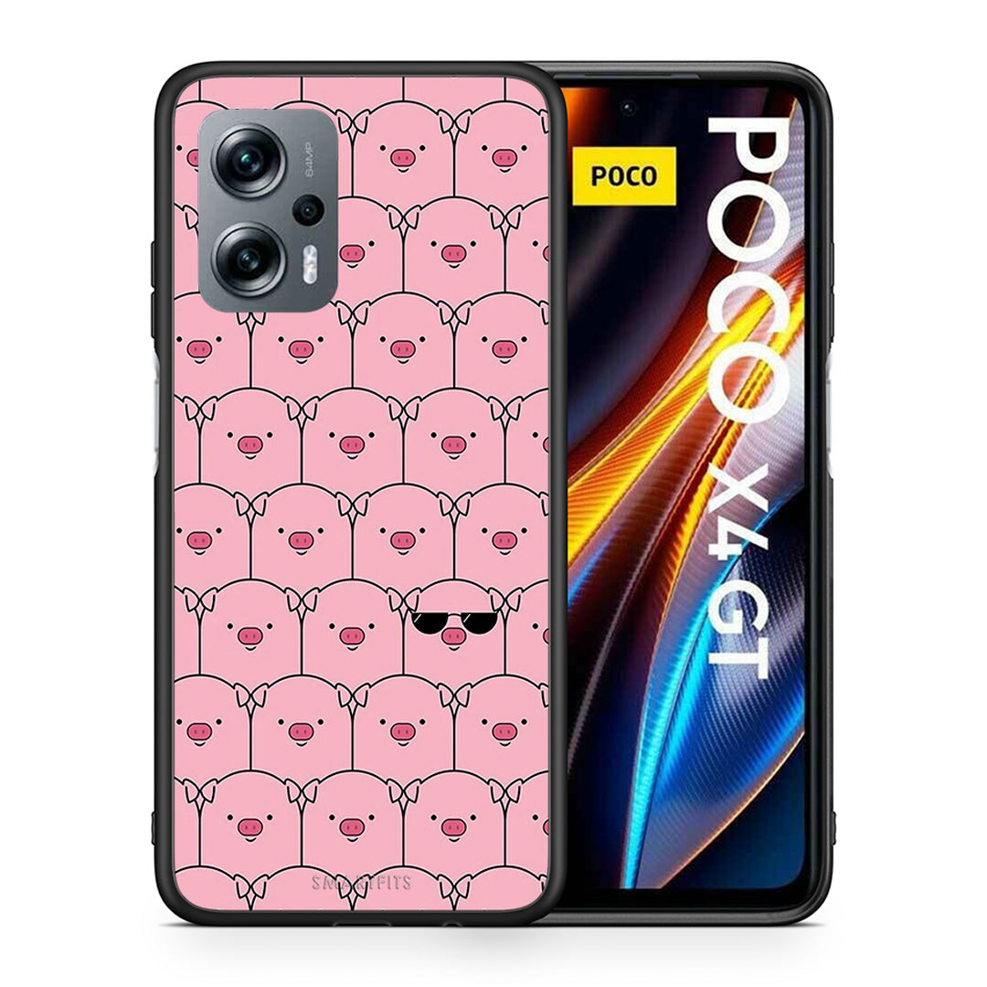 Θήκη Xiaomi Poco X4 GT Pig Glasses από τη Smartfits με σχέδιο στο πίσω μέρος και μαύρο περίβλημα | Xiaomi Poco X4 GT Pig Glasses case with colorful back and black bezels