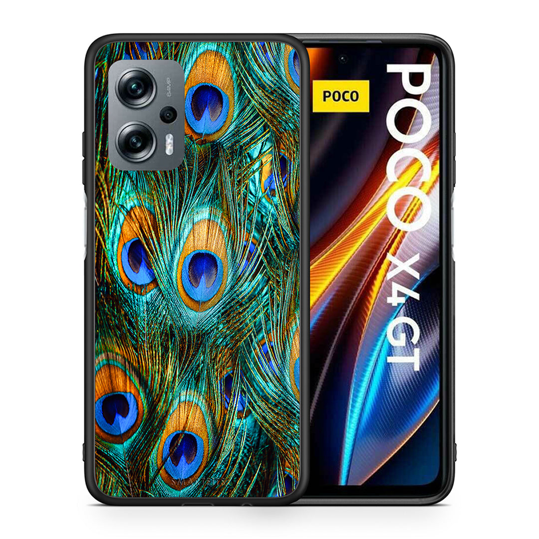Θήκη Xiaomi Poco X4 GT Real Peacock Feathers από τη Smartfits με σχέδιο στο πίσω μέρος και μαύρο περίβλημα | Xiaomi Poco X4 GT Real Peacock Feathers case with colorful back and black bezels