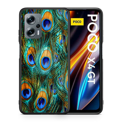 Θήκη Xiaomi Poco X4 GT Real Peacock Feathers από τη Smartfits με σχέδιο στο πίσω μέρος και μαύρο περίβλημα | Xiaomi Poco X4 GT Real Peacock Feathers case with colorful back and black bezels