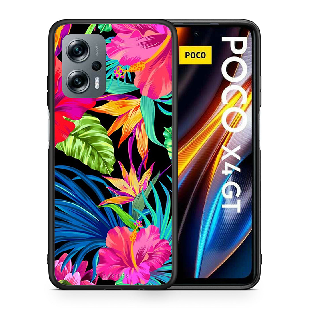 Θήκη Xiaomi Poco X4 GT Tropical Flowers από τη Smartfits με σχέδιο στο πίσω μέρος και μαύρο περίβλημα | Xiaomi Poco X4 GT Tropical Flowers case with colorful back and black bezels