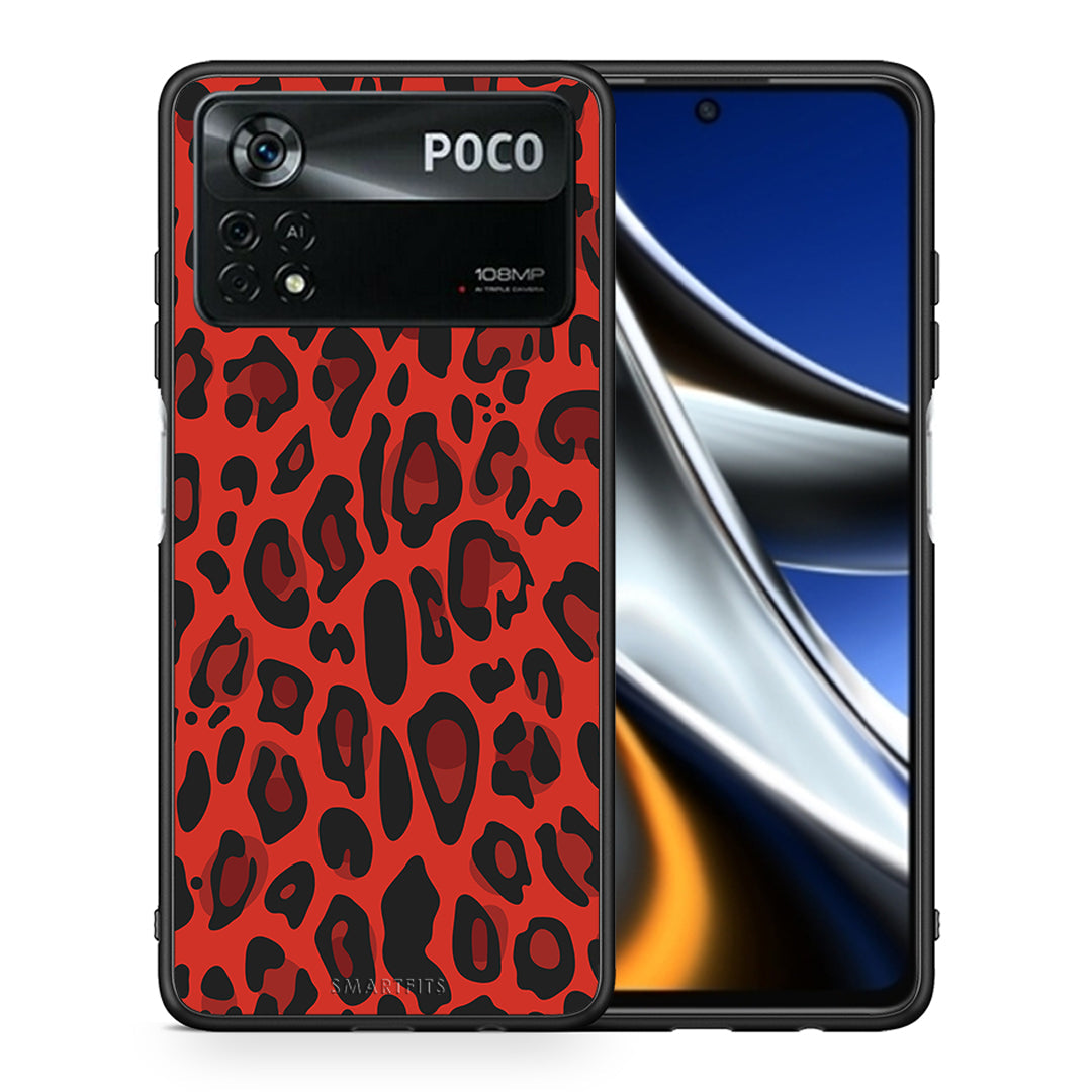 Θήκη Xiaomi Poco X4 Pro 5G Red Leopard Animal από τη Smartfits με σχέδιο στο πίσω μέρος και μαύρο περίβλημα | Xiaomi Poco X4 Pro 5G Red Leopard Animal case with colorful back and black bezels
