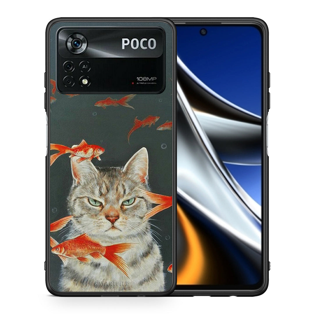 Θήκη Xiaomi Poco X4 Pro 5G Cat Goldfish από τη Smartfits με σχέδιο στο πίσω μέρος και μαύρο περίβλημα | Xiaomi Poco X4 Pro 5G Cat Goldfish case with colorful back and black bezels