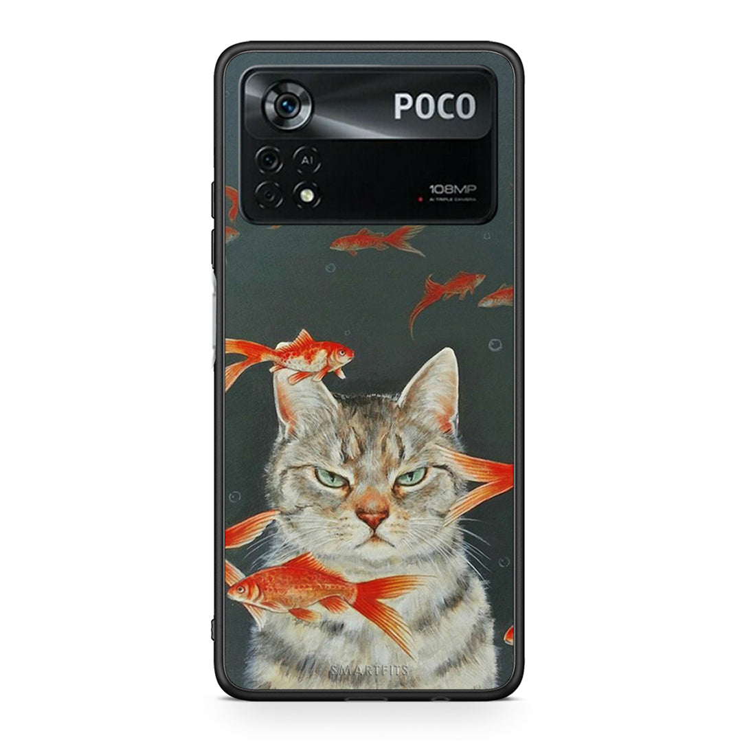Xiaomi Poco X4 Pro 5G Cat Goldfish θήκη από τη Smartfits με σχέδιο στο πίσω μέρος και μαύρο περίβλημα | Smartphone case with colorful back and black bezels by Smartfits