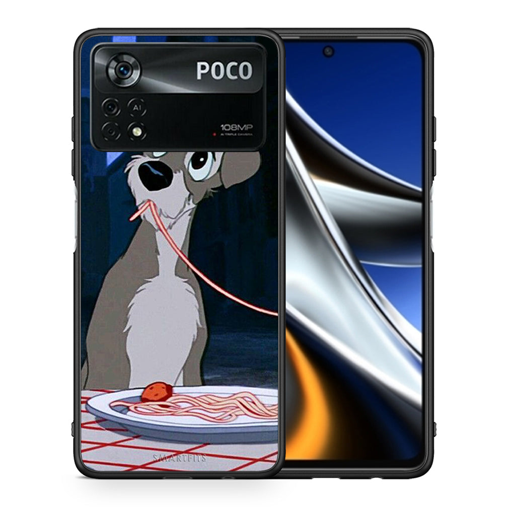 Θήκη Αγίου Βαλεντίνου Xiaomi Poco X4 Pro 5G Lady And Tramp 1 από τη Smartfits με σχέδιο στο πίσω μέρος και μαύρο περίβλημα | Xiaomi Poco X4 Pro 5G Lady And Tramp 1 case with colorful back and black bezels