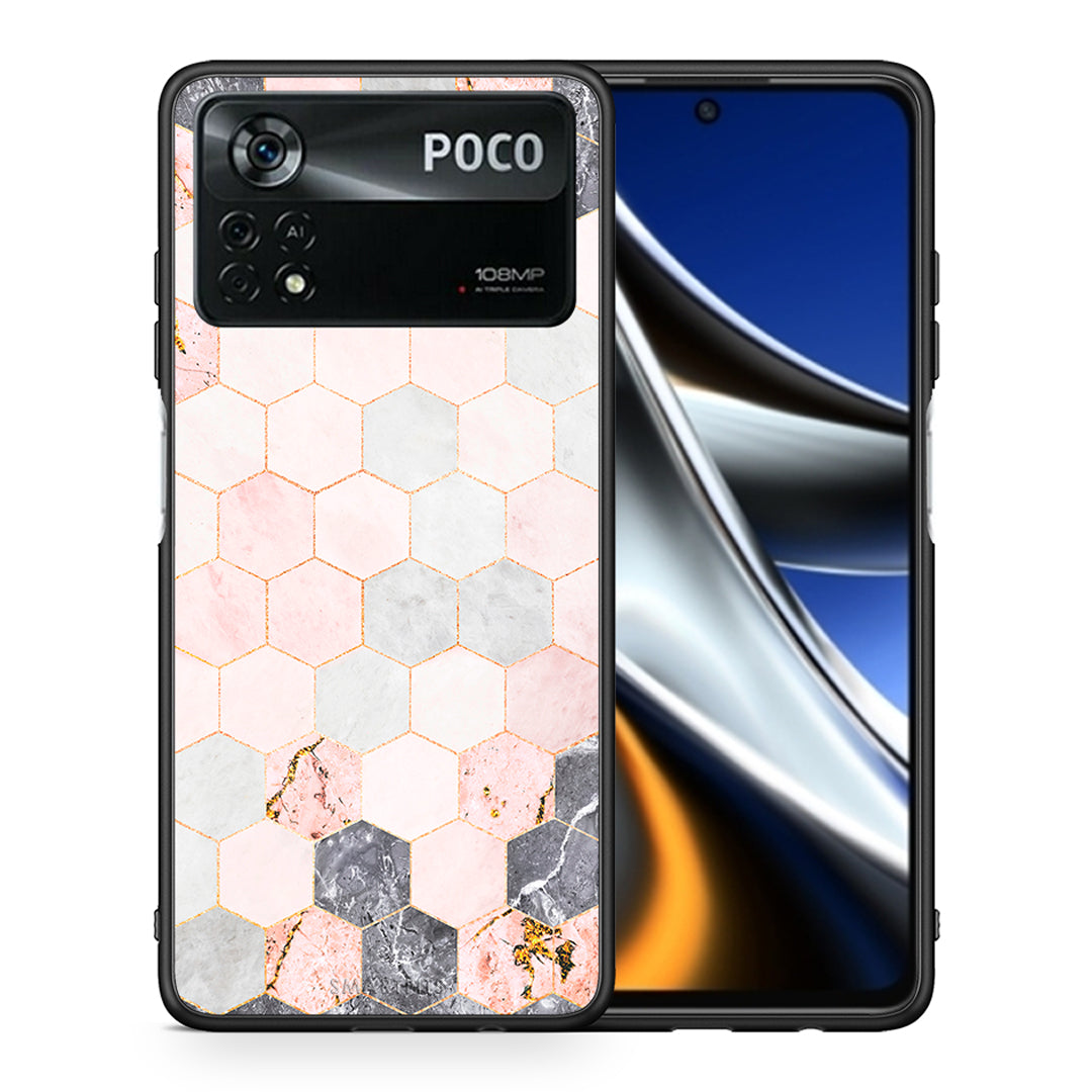 Θήκη Xiaomi Poco X4 Pro 5G Hexagon Pink Marble από τη Smartfits με σχέδιο στο πίσω μέρος και μαύρο περίβλημα | Xiaomi Poco X4 Pro 5G Hexagon Pink Marble case with colorful back and black bezels