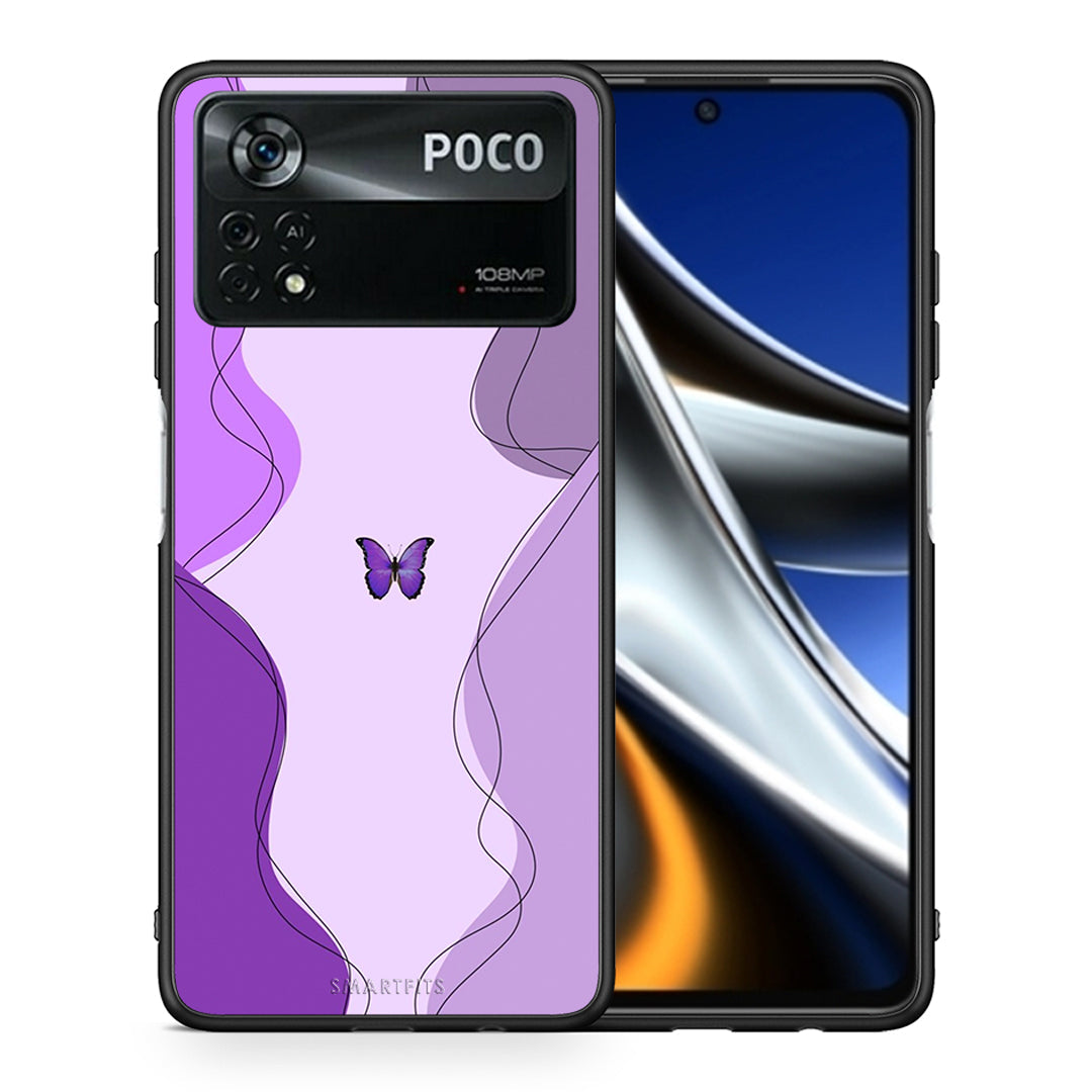 Θήκη Αγίου Βαλεντίνου Xiaomi Poco X4 Pro 5G Purple Mariposa από τη Smartfits με σχέδιο στο πίσω μέρος και μαύρο περίβλημα | Xiaomi Poco X4 Pro 5G Purple Mariposa case with colorful back and black bezels
