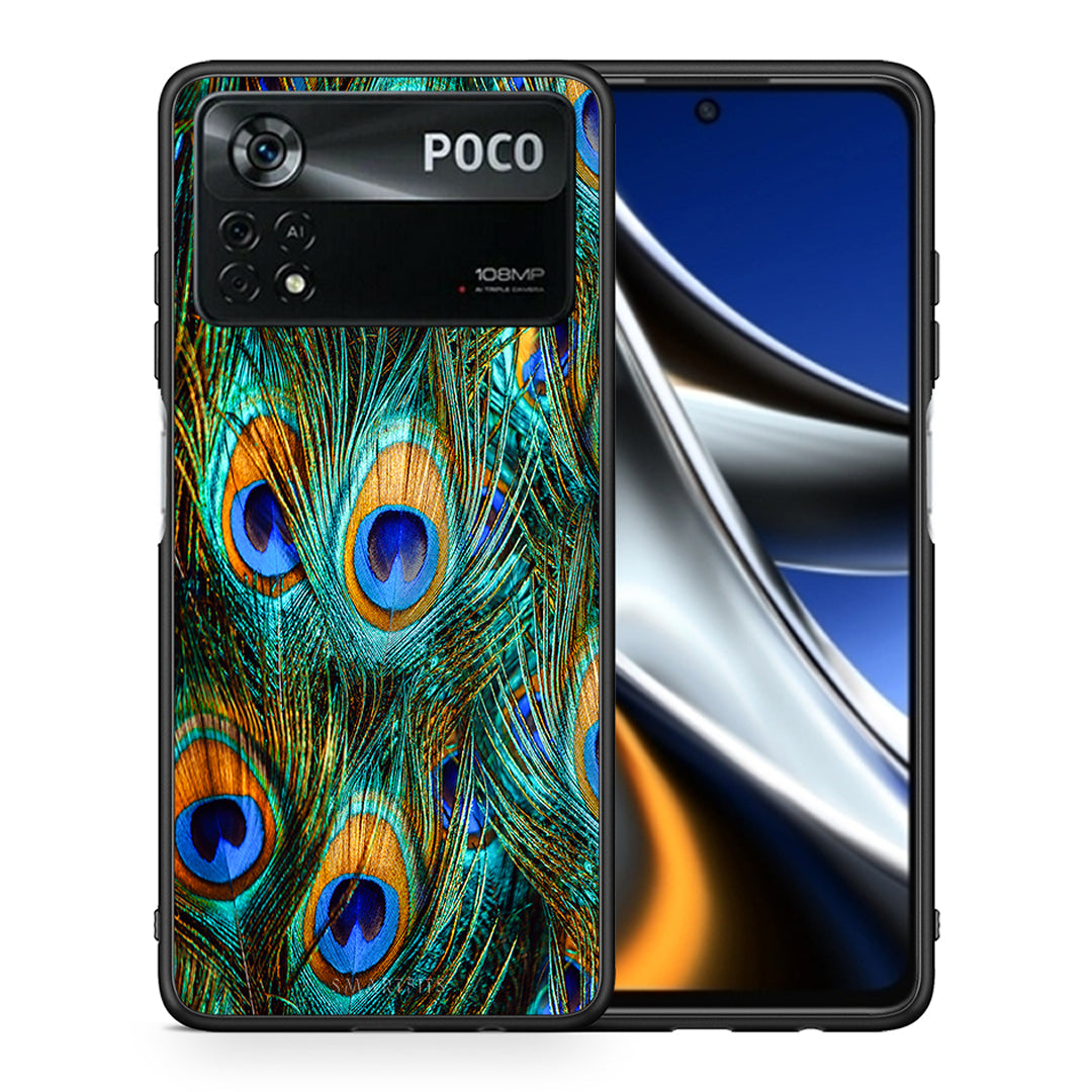Θήκη Xiaomi Poco X4 Pro 5G Real Peacock Feathers από τη Smartfits με σχέδιο στο πίσω μέρος και μαύρο περίβλημα | Xiaomi Poco X4 Pro 5G Real Peacock Feathers case with colorful back and black bezels