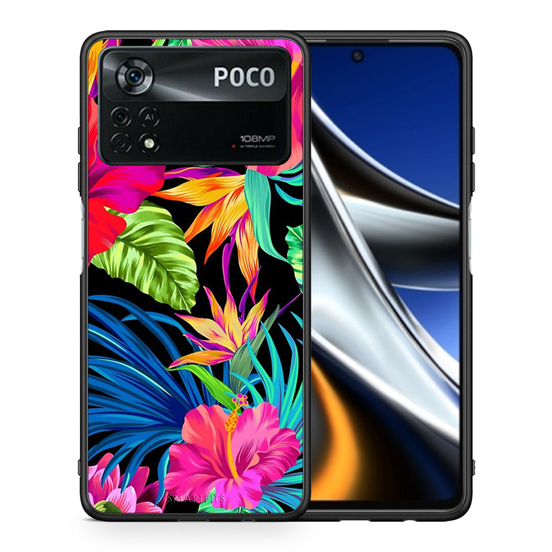 Θήκη Xiaomi Poco X4 Pro 5G Tropical Flowers από τη Smartfits με σχέδιο στο πίσω μέρος και μαύρο περίβλημα | Xiaomi Poco X4 Pro 5G Tropical Flowers case with colorful back and black bezels