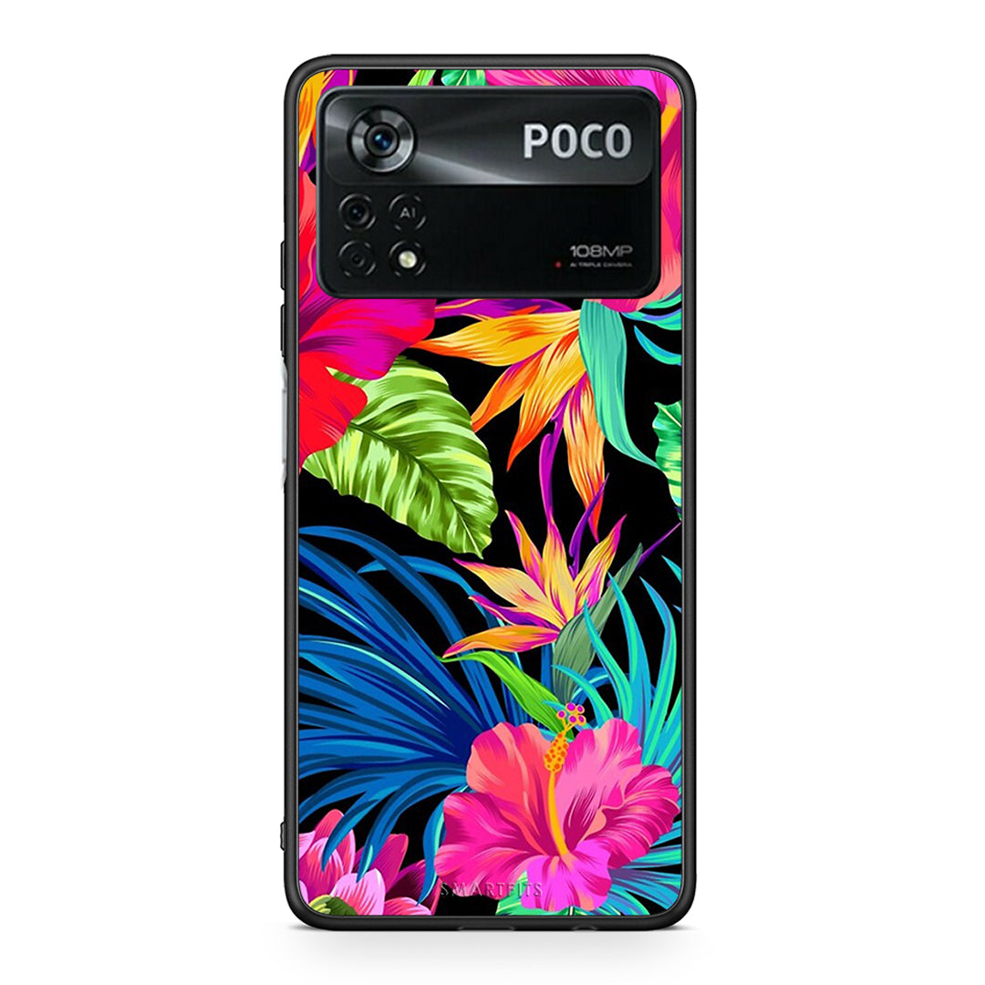 Xiaomi Poco X4 Pro 5G Tropical Flowers θήκη από τη Smartfits με σχέδιο στο πίσω μέρος και μαύρο περίβλημα | Smartphone case with colorful back and black bezels by Smartfits