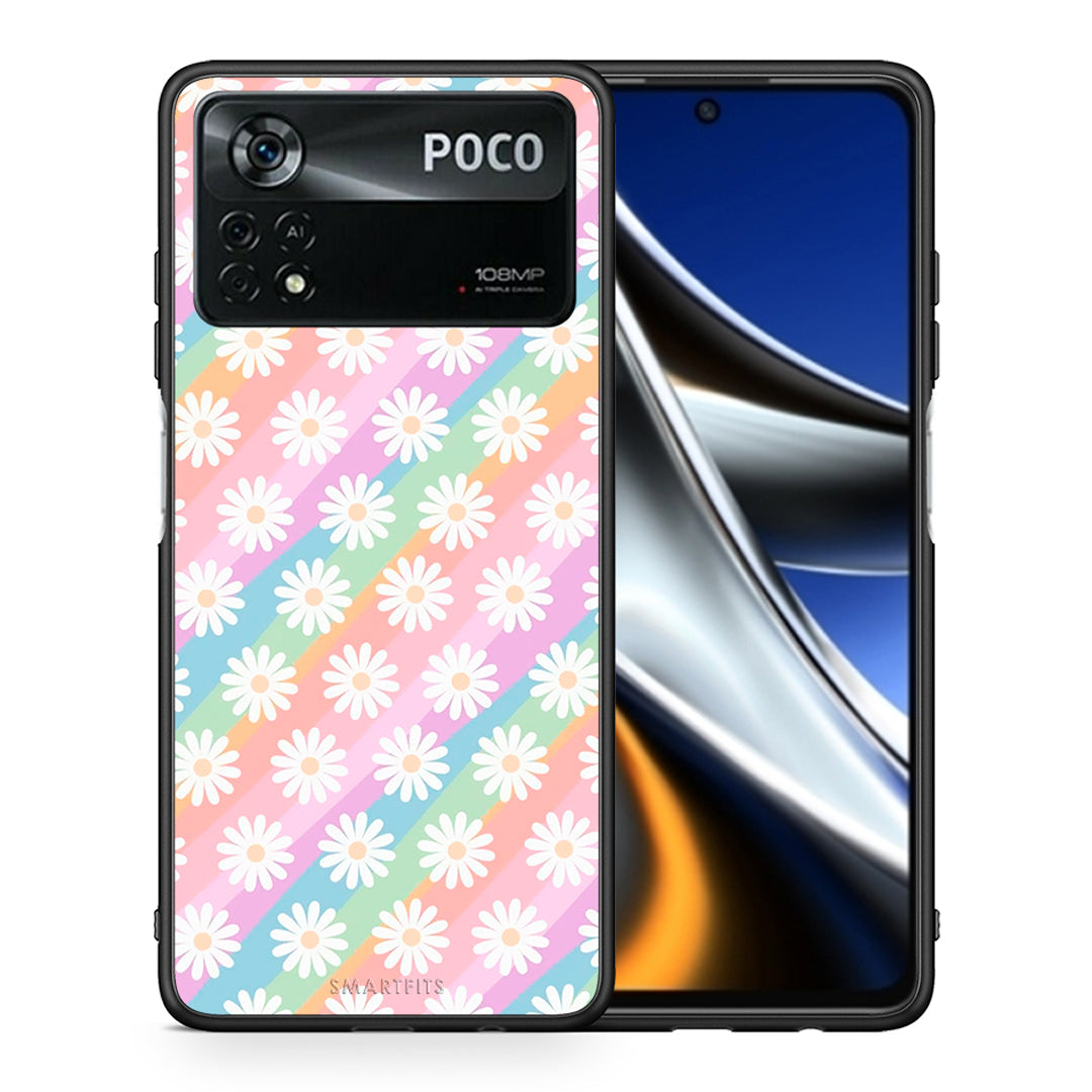 Θήκη Xiaomi Poco X4 Pro 5G White Daisies από τη Smartfits με σχέδιο στο πίσω μέρος και μαύρο περίβλημα | Xiaomi Poco X4 Pro 5G White Daisies case with colorful back and black bezels