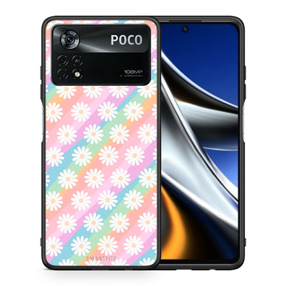 Θήκη Xiaomi Poco X4 Pro 5G White Daisies από τη Smartfits με σχέδιο στο πίσω μέρος και μαύρο περίβλημα | Xiaomi Poco X4 Pro 5G White Daisies case with colorful back and black bezels