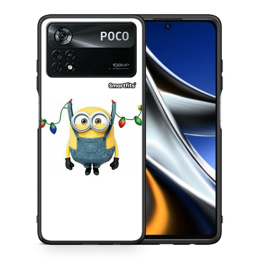 Θήκη Xiaomi Poco X4 Pro 5G Xmas Minion Lights από τη Smartfits με σχέδιο στο πίσω μέρος και μαύρο περίβλημα | Xiaomi Poco X4 Pro 5G Xmas Minion Lights case with colorful back and black bezels