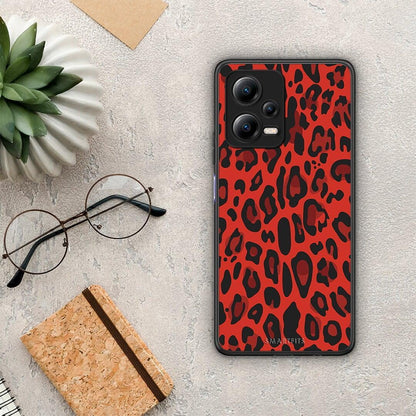 Θήκη Xiaomi Poco X5 5G Dual Animal Red Leopard από τη Smartfits με σχέδιο στο πίσω μέρος και μαύρο περίβλημα | Xiaomi Poco X5 5G Dual Animal Red Leopard Case with Colorful Back and Black Bezels