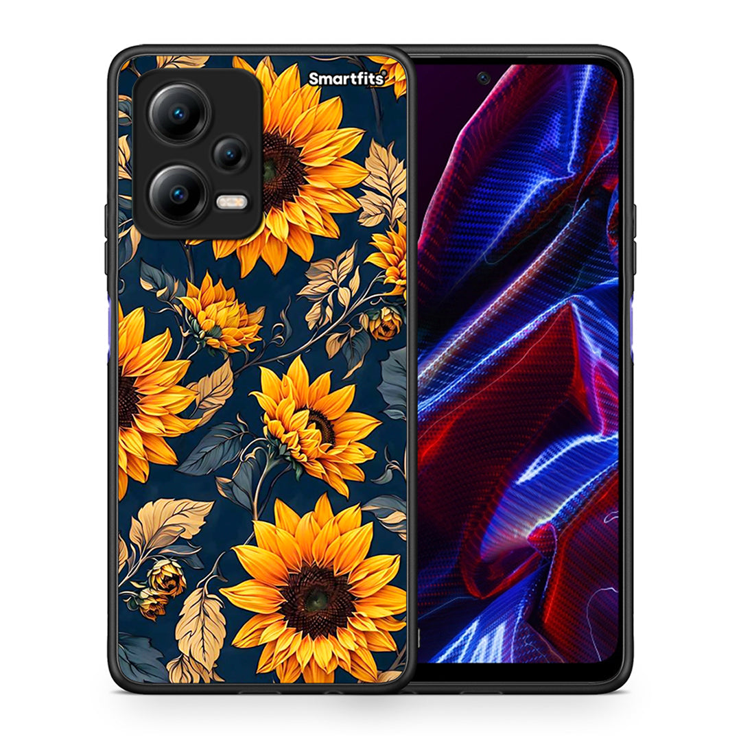 Θήκη Xiaomi Poco X5 5G Dual Autumn Sunflowers από τη Smartfits με σχέδιο στο πίσω μέρος και μαύρο περίβλημα | Xiaomi Poco X5 5G Dual Autumn Sunflowers Case with Colorful Back and Black Bezels