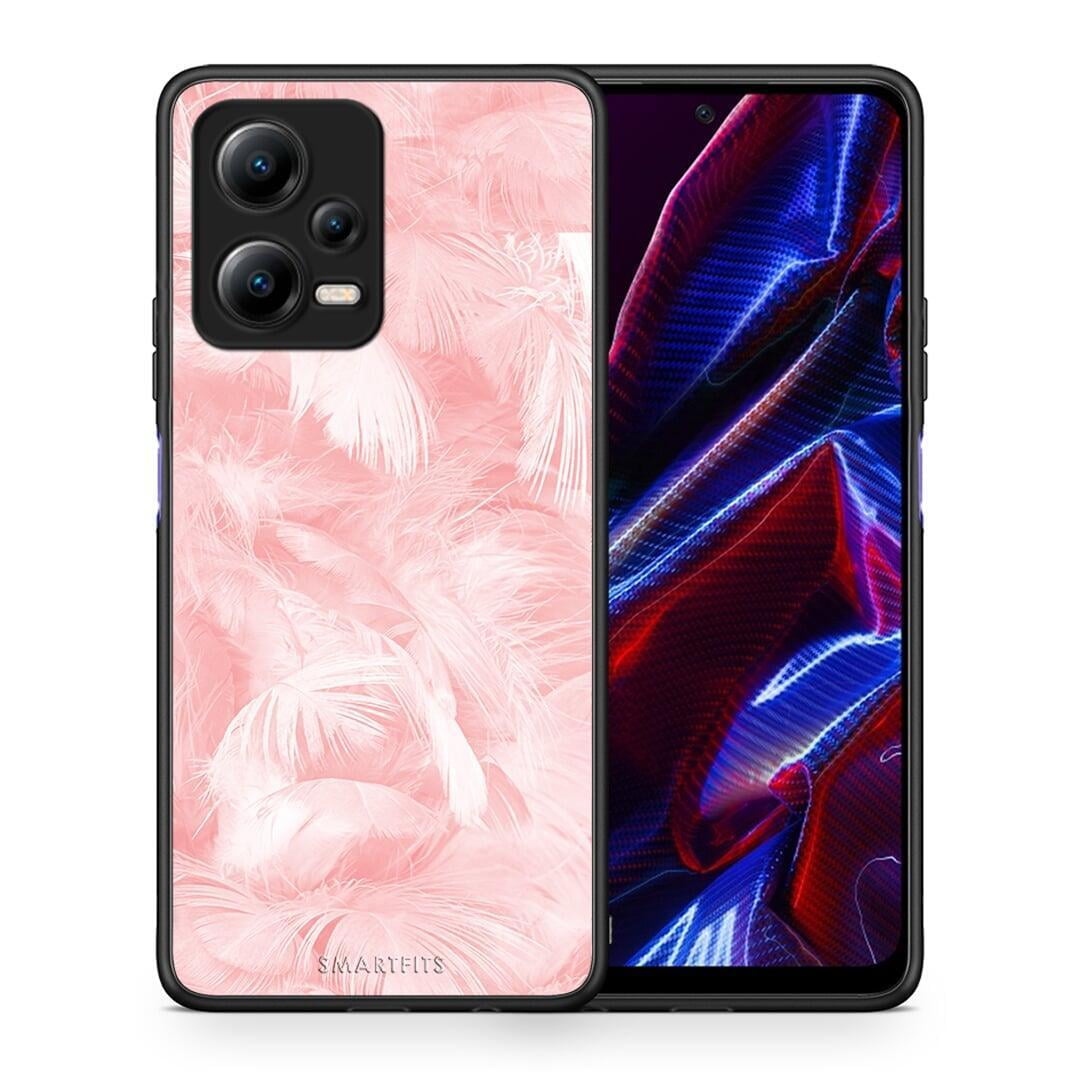 Θήκη Xiaomi Poco X5 5G Dual Boho Pink Feather από τη Smartfits με σχέδιο στο πίσω μέρος και μαύρο περίβλημα | Xiaomi Poco X5 5G Dual Boho Pink Feather Case with Colorful Back and Black Bezels
