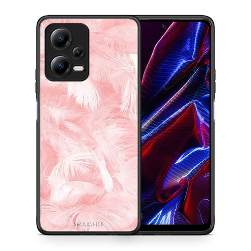 Θήκη Xiaomi Poco X5 5G Dual Boho Pink Feather από τη Smartfits με σχέδιο στο πίσω μέρος και μαύρο περίβλημα | Xiaomi Poco X5 5G Dual Boho Pink Feather Case with Colorful Back and Black Bezels