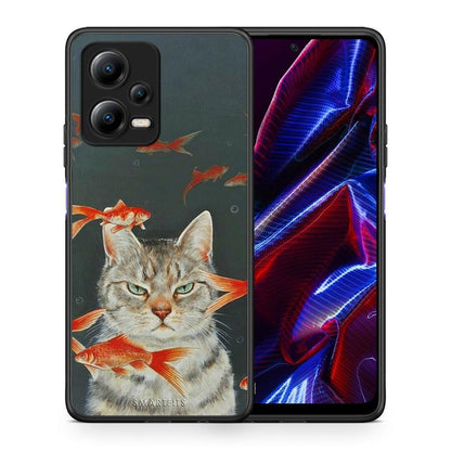 Θήκη Xiaomi Poco X5 5G Dual Cat Goldfish από τη Smartfits με σχέδιο στο πίσω μέρος και μαύρο περίβλημα | Xiaomi Poco X5 5G Dual Cat Goldfish Case with Colorful Back and Black Bezels