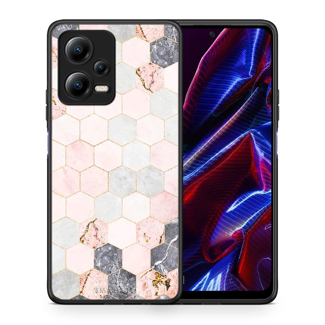 Θήκη Xiaomi Poco X5 5G Dual Marble Hexagon Pink από τη Smartfits με σχέδιο στο πίσω μέρος και μαύρο περίβλημα | Xiaomi Poco X5 5G Dual Marble Hexagon Pink Case with Colorful Back and Black Bezels