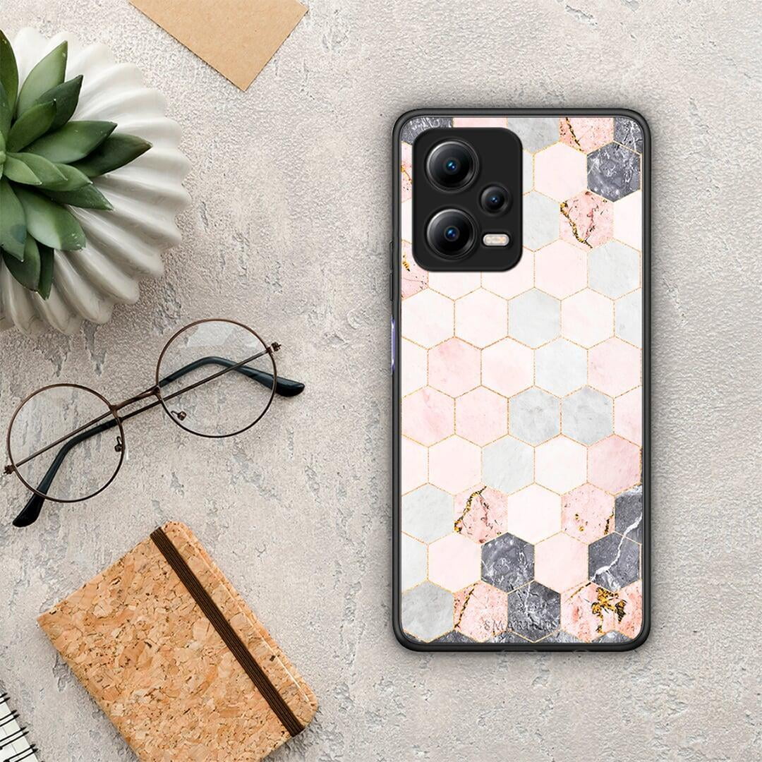 Θήκη Xiaomi Poco X5 5G Dual Marble Hexagon Pink από τη Smartfits με σχέδιο στο πίσω μέρος και μαύρο περίβλημα | Xiaomi Poco X5 5G Dual Marble Hexagon Pink Case with Colorful Back and Black Bezels