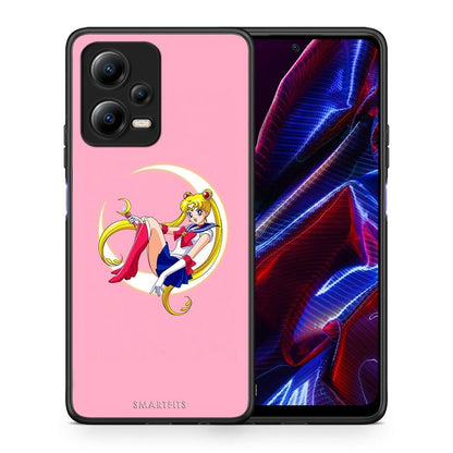 Θήκη Xiaomi Poco X5 5G Dual Moon Girl από τη Smartfits με σχέδιο στο πίσω μέρος και μαύρο περίβλημα | Xiaomi Poco X5 5G Dual Moon Girl Case with Colorful Back and Black Bezels