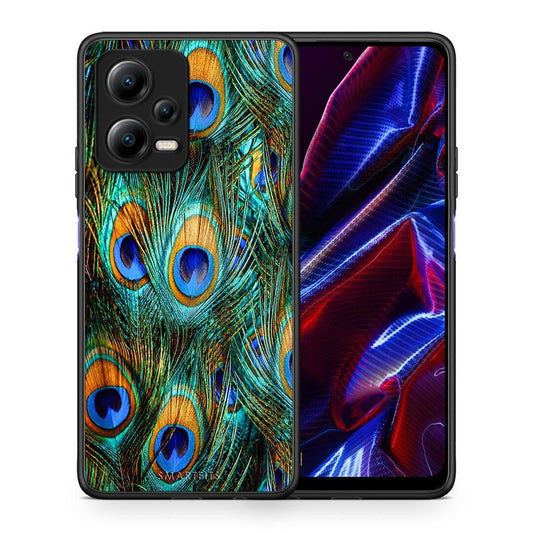 Θήκη Xiaomi Poco X5 5G Dual Real Peacock Feathers από τη Smartfits με σχέδιο στο πίσω μέρος και μαύρο περίβλημα | Xiaomi Poco X5 5G Dual Real Peacock Feathers Case with Colorful Back and Black Bezels