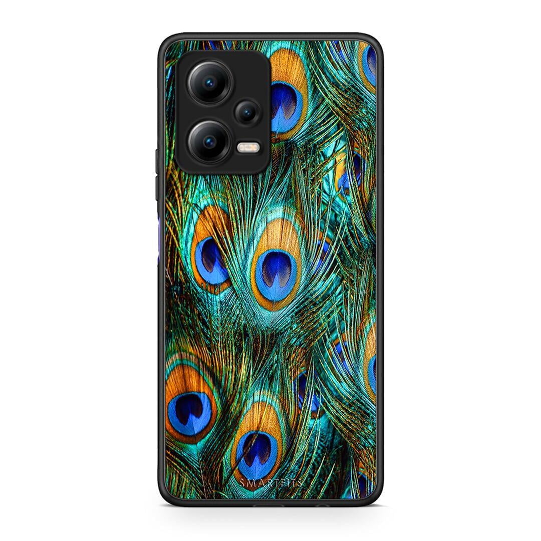 Θήκη Xiaomi Poco X5 5G Dual Real Peacock Feathers από τη Smartfits με σχέδιο στο πίσω μέρος και μαύρο περίβλημα | Xiaomi Poco X5 5G Dual Real Peacock Feathers Case with Colorful Back and Black Bezels