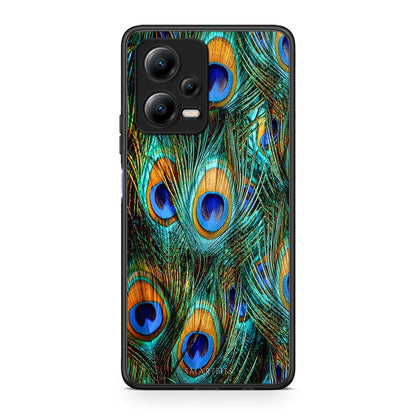 Θήκη Xiaomi Poco X5 5G Dual Real Peacock Feathers από τη Smartfits με σχέδιο στο πίσω μέρος και μαύρο περίβλημα | Xiaomi Poco X5 5G Dual Real Peacock Feathers Case with Colorful Back and Black Bezels