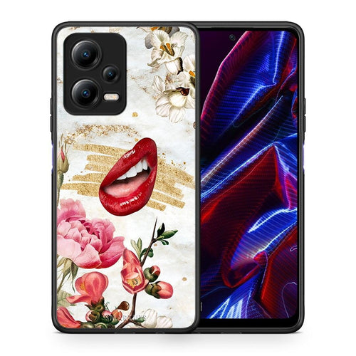 Θήκη Xiaomi Poco X5 5G Dual Red Lips από τη Smartfits με σχέδιο στο πίσω μέρος και μαύρο περίβλημα | Xiaomi Poco X5 5G Dual Red Lips Case with Colorful Back and Black Bezels