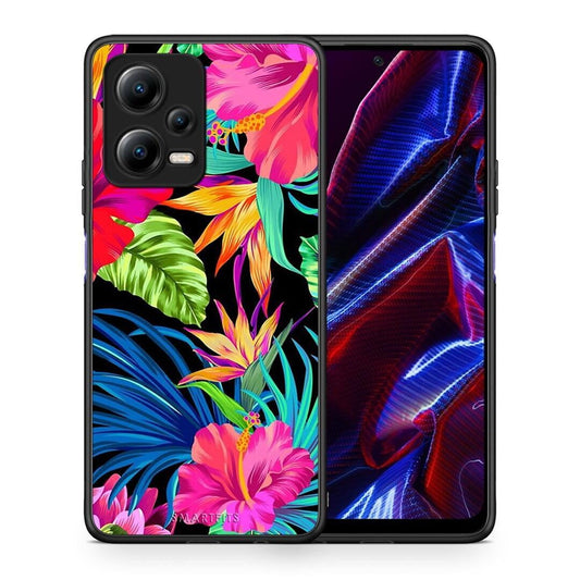 Θήκη Xiaomi Poco X5 5G Dual Tropical Flowers από τη Smartfits με σχέδιο στο πίσω μέρος και μαύρο περίβλημα | Xiaomi Poco X5 5G Dual Tropical Flowers Case with Colorful Back and Black Bezels