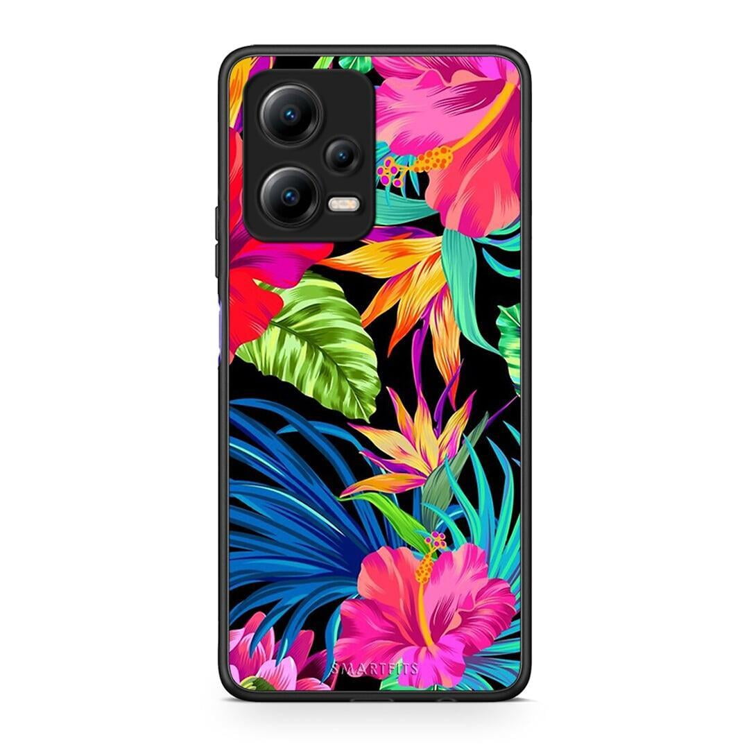Θήκη Xiaomi Poco X5 5G Dual Tropical Flowers από τη Smartfits με σχέδιο στο πίσω μέρος και μαύρο περίβλημα | Xiaomi Poco X5 5G Dual Tropical Flowers Case with Colorful Back and Black Bezels