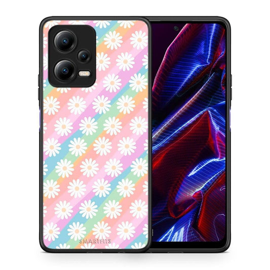 Θήκη Xiaomi Poco X5 5G Dual White Daisies από τη Smartfits με σχέδιο στο πίσω μέρος και μαύρο περίβλημα | Xiaomi Poco X5 5G Dual White Daisies Case with Colorful Back and Black Bezels