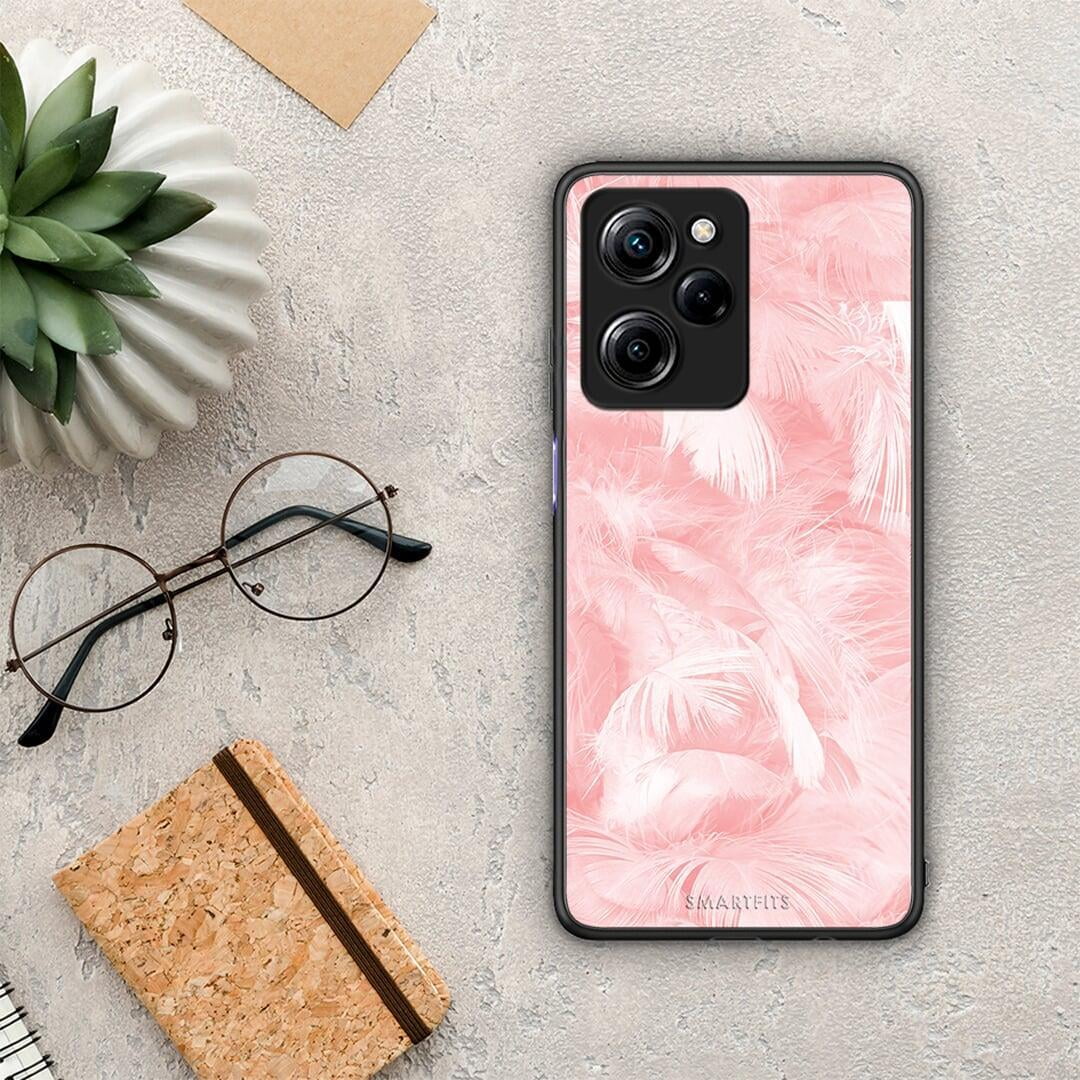 Θήκη Xiaomi Poco X5 Pro 5G Dual Boho Pink Feather από τη Smartfits με σχέδιο στο πίσω μέρος και μαύρο περίβλημα | Xiaomi Poco X5 Pro 5G Dual Boho Pink Feather Case with Colorful Back and Black Bezels