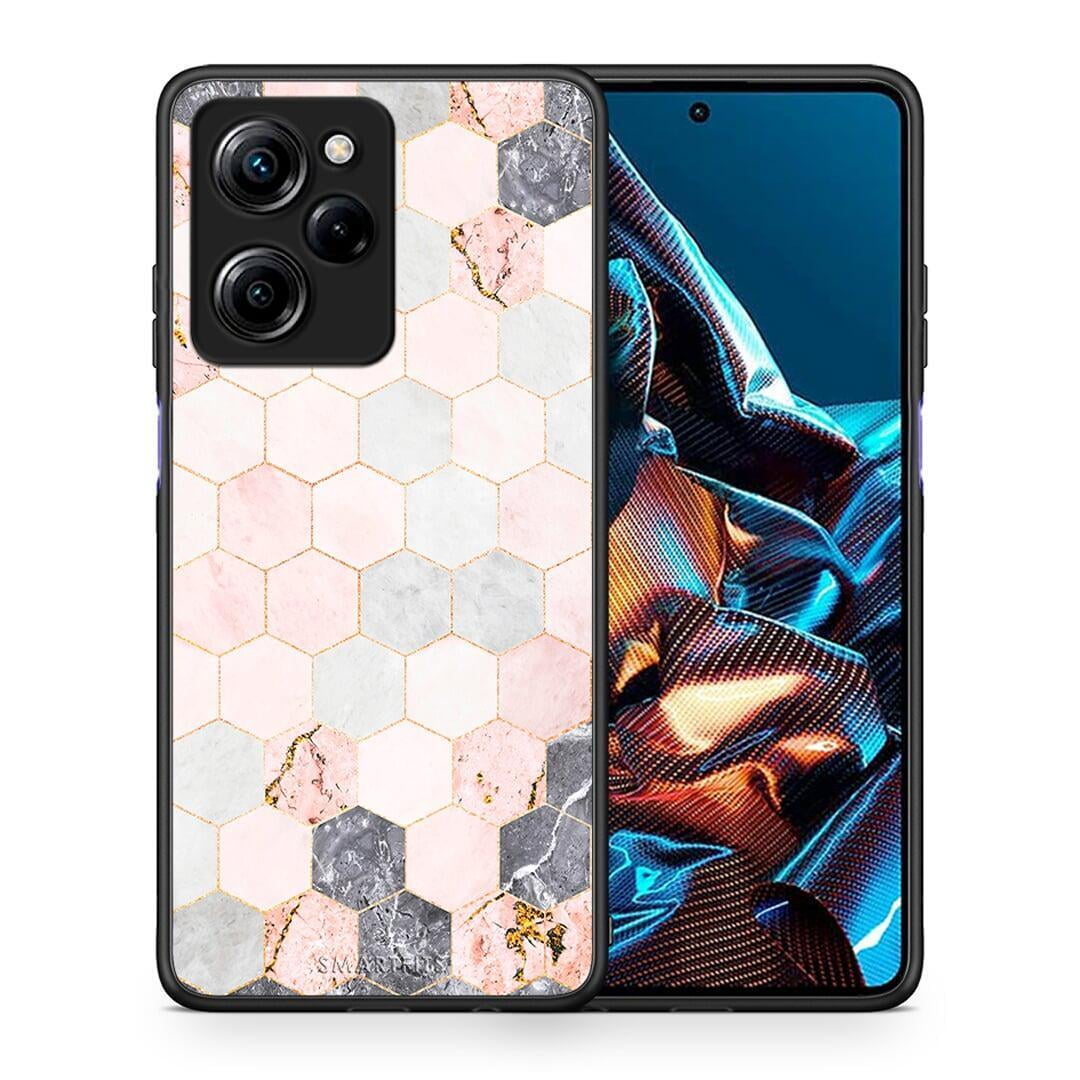 Θήκη Xiaomi Poco X5 Pro 5G Dual Marble Hexagon Pink από τη Smartfits με σχέδιο στο πίσω μέρος και μαύρο περίβλημα | Xiaomi Poco X5 Pro 5G Dual Marble Hexagon Pink Case with Colorful Back and Black Bezels