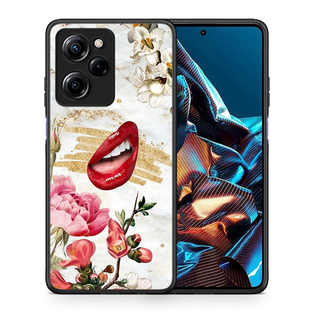 Θήκη Xiaomi Poco X5 Pro 5G Dual Red Lips από τη Smartfits με σχέδιο στο πίσω μέρος και μαύρο περίβλημα | Xiaomi Poco X5 Pro 5G Dual Red Lips Case with Colorful Back and Black Bezels