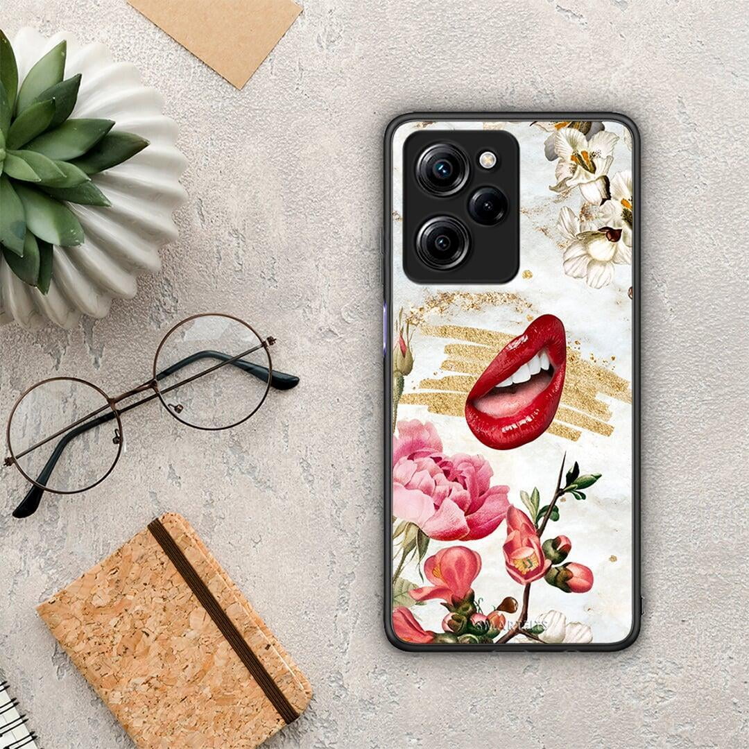 Θήκη Xiaomi Poco X5 Pro 5G Dual Red Lips από τη Smartfits με σχέδιο στο πίσω μέρος και μαύρο περίβλημα | Xiaomi Poco X5 Pro 5G Dual Red Lips Case with Colorful Back and Black Bezels